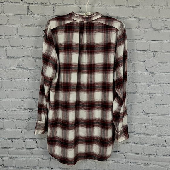 LOFT Long Sleeve Smocked Ruffle Neck Blouse,‎ Size Medium, Red/White Plaid - Picture 3 of 6